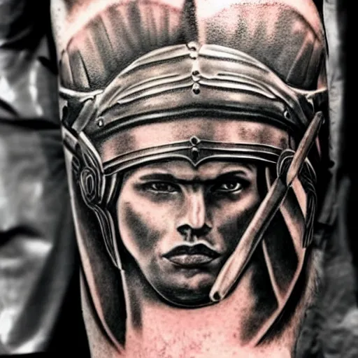 Image similar to A male gladiator wearing a thracian helmet action shot, tattoo, tattoo art, Black and grey tattoo style