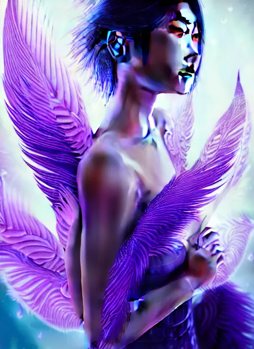 Prompt: elegant beautiful young asian woman by irakli nadar, several layers of 3 d translucent feathers fractals radiating behind with sacred geometry, cosmic, natural, awakening, effervescent, warm, photo realistic, epic and cinematic, purple, deep blue, dark