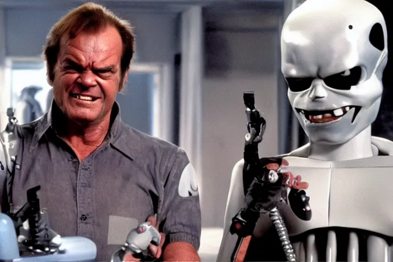 Image similar to Jack Nicholson in costume of Terminator Pikachu hybred, scene where his endoskeleton gets exposed, still from the film