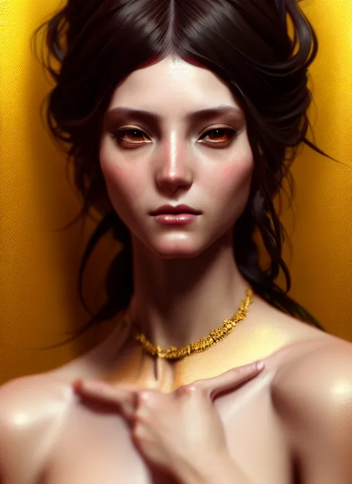 Prompt: beautiful digital painting of a goddes stylish female with high detail, real life skin, 8 k, stunning detail, works by artgerm, greg rutkowski and alphonse mucha, unreal engine 5, 4 k uhd