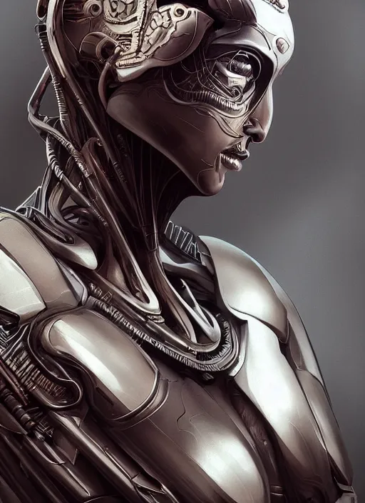 Image similar to beautiful portrait of an alien cyborg, style of Feng Zhu, Artstation geometric, aesthetic, big eyes, smooth skin, angelic, unique features, symmetrical, intricate crown, high fashion, streetwear, cyberpunk, detailed, octane render, cinematic, 8k, brown skin, retro sci fi film, Stanisław Szukalski + Moebius,