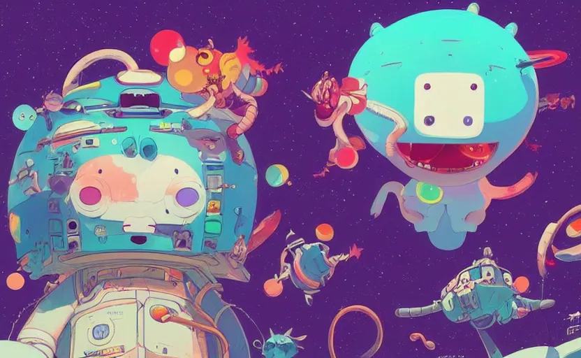 Image similar to cute mascot space demons, cartoon Digital painting, detailed, beautiful brush stroke rendering, by Beeple, by Hayao Miyazaki, by Takashi Murakami, by Masahiro Ito, 4k wallpaper