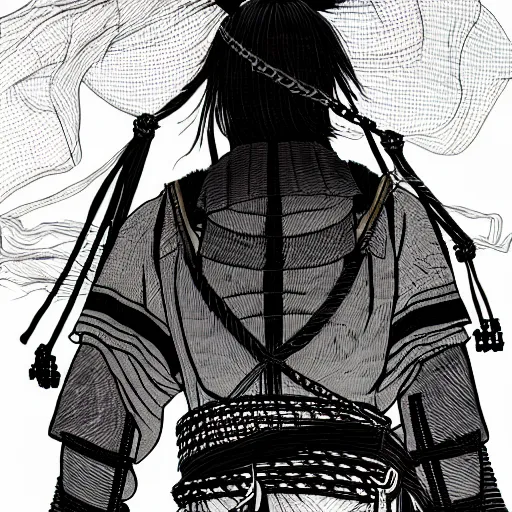 Prompt: a portrait from behind of a samurai man vagabond, the samurai is wrapped in chains, detailed, illustration, concept art, ink style, sketch