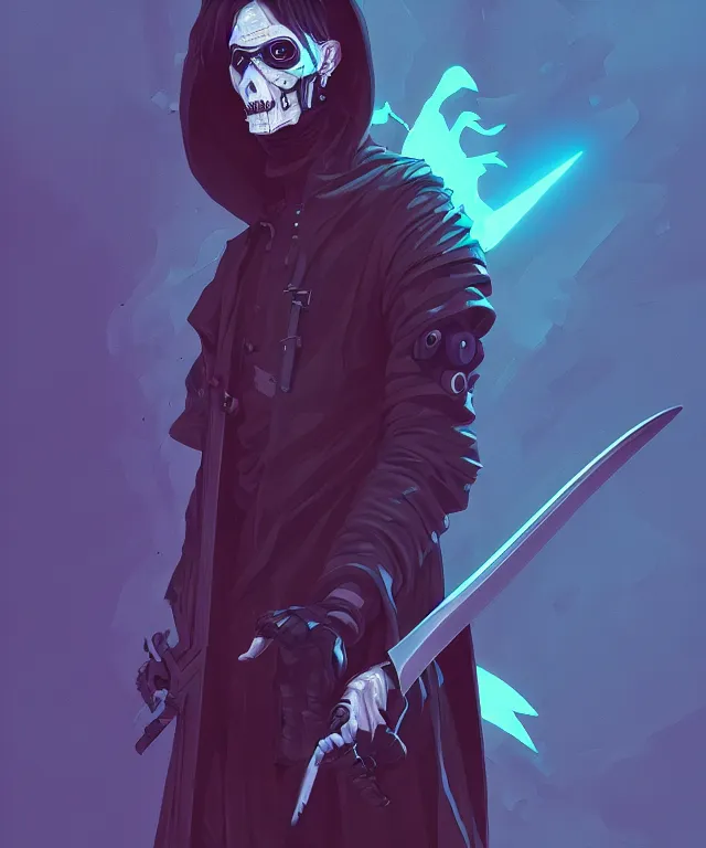 Image similar to a portrait of a cyberpunk grim reaper holding a scythe, fantasy, elegant, digital painting, artstation, concept art, matte, sharp focus, illustration, art by josan gonzalez