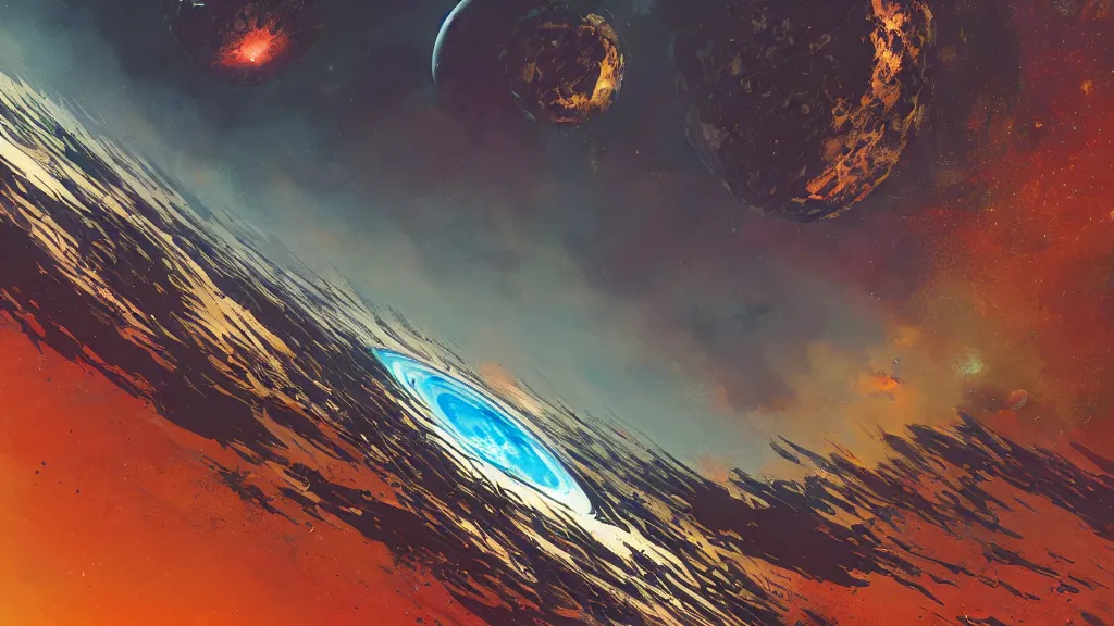 Prompt: very detailed, prophet graphic novel, ilya kuvshinov, rutkowski, simon roy, illustration of a malevolent planet viewed from space surrounded by space junk, wide shot, colorful, deep shadows,