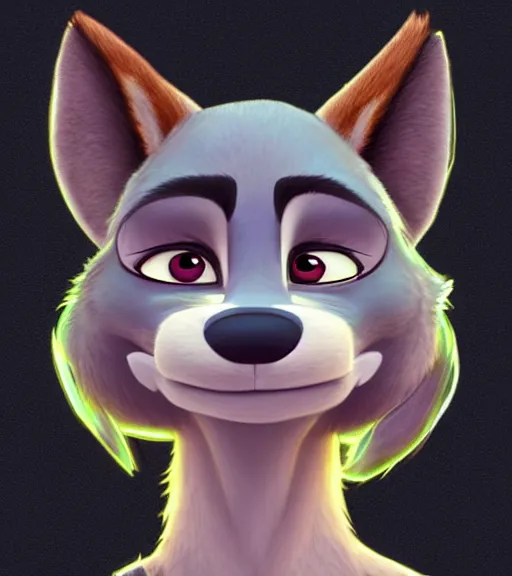 Prompt: digital drawing bust of anthromorphic female wolf, in style of zootopia, zootopia, zootopia, fursona, furry, furaffinity, 4 k, deviantart, furry art, fursona art, wearing black business suit, business suit, in style of zootopia, wolf fursona, cyberpunk, female, expressive detailed feminine face,