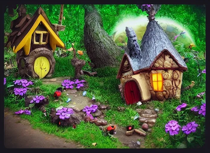 Image similar to “fairy princesses, cute houses of various kinds, witches on broomsticks, ugly trolls with fat heads, ladybirds, a troll driving a bulldozer and crushing a house”