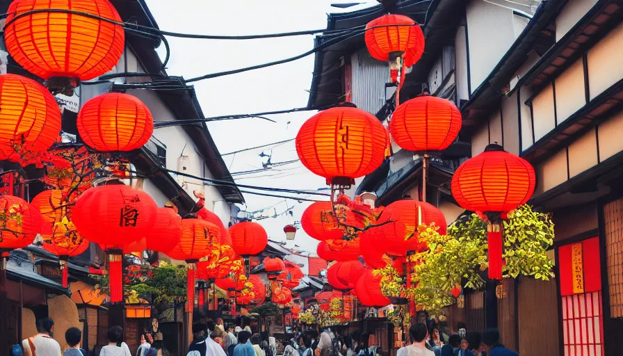 Prompt: a vibrant dream of many types of japanese lanterns on a fancy street in kyoto japan during the day, lush plants, magic details, by moebius, edward hopper, james gilleard, and james jean, hd, 8 k, trending on artstation, uhd,