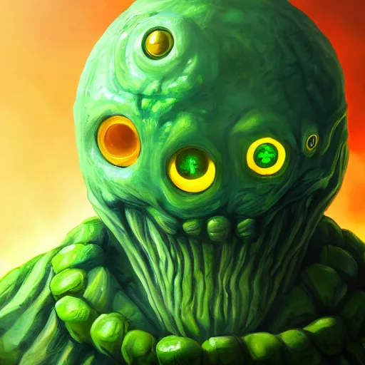 Image similar to a big one - eyed bumpy wrinkly ball sphere green pea, with boney arms and a single yellow eye of sauron, lovecraft, trending on artstation, 4 k, video game art, oil painting