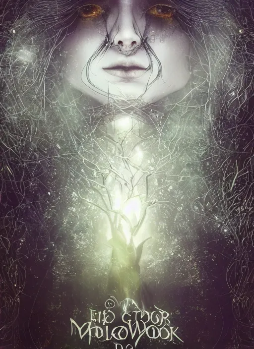 Image similar to book cover, glowing silver and golden elements, full close-up portrait, female portrait model from shutterstock as a dark evil looking witch, green forest, white moon, red lips, establishing shot, extremly high detail, photo-realistic, cinematic lighting, pen and ink, intricate line drawings, by Yoshitaka Amano, Ruan Jia, Kentaro Miura, Artgerm, post processed, concept art, artstation, matte painting, style by eddie, raphael lacoste, alex ross