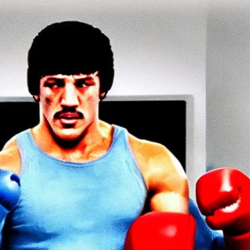 Image similar to rocky balboa holding a playstation!! controller!! video game console