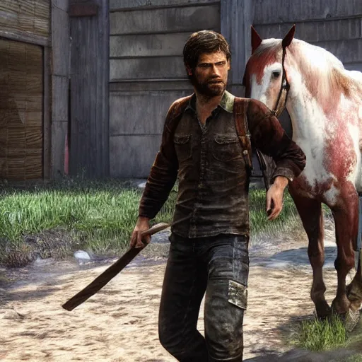 Prompt: Joel from the last of us riding a horse