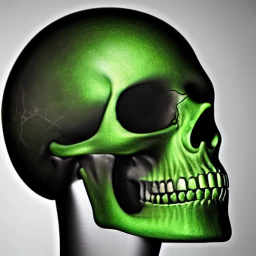 Prompt: ultra realistic Skull with Cyborg Implants and Green eyes scanning space for Sentient life