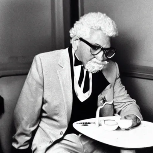 Image similar to An old vintage photograph of Colonel Sanders eating at McDonalds, 4k, highly detailed, photorealistic