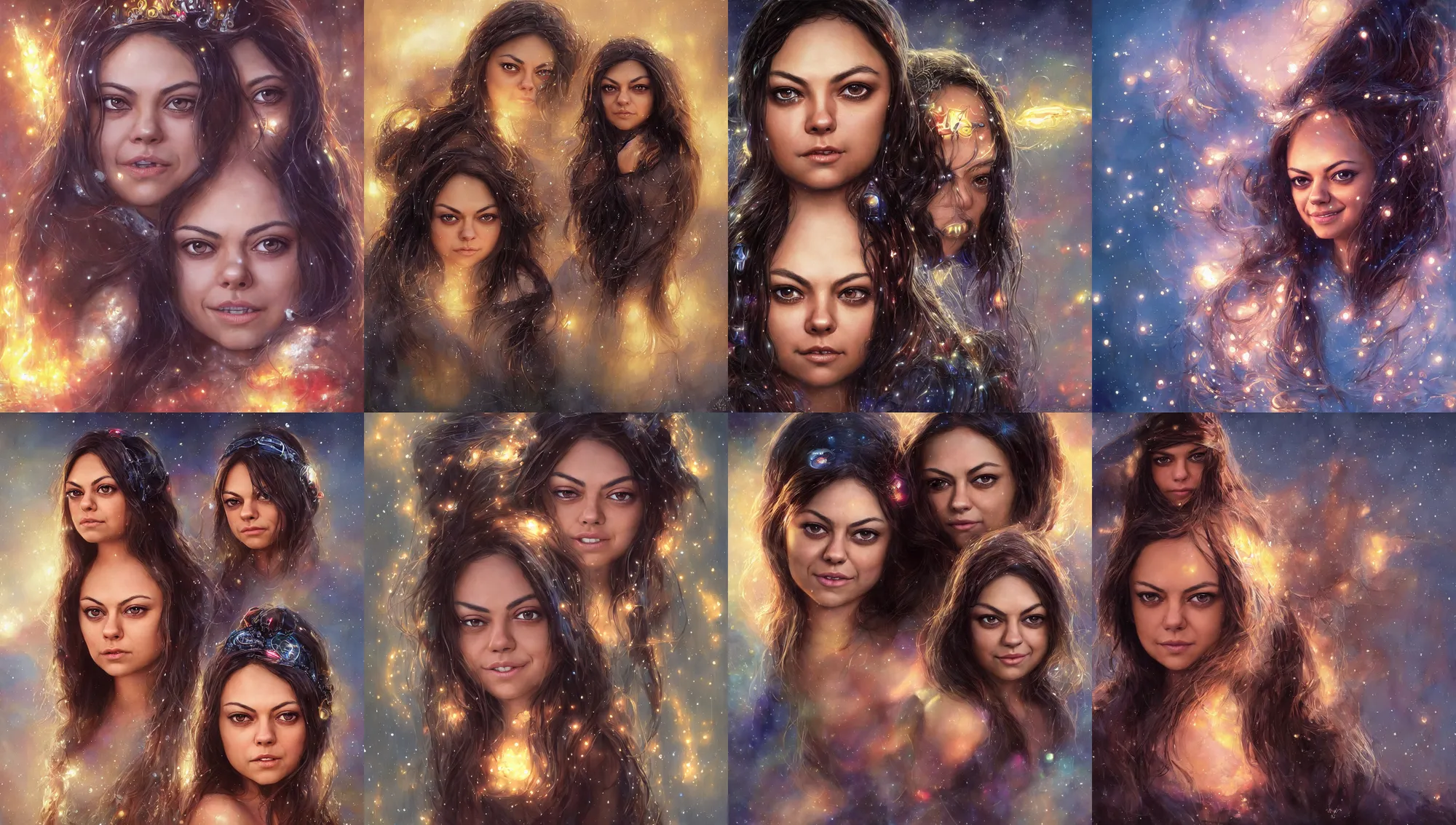 Prompt: big - eyed mila kunis winter princess smiling intensely into the camera, sundown golden hour firefly wisps, cyberpunk neon, steve hanks, charlie bowater, mark brooks, steve henderson, justin gerard, mark keathley, victor nizovtsev, tom bagshaw, krenz cushart, ross tran, focal length : 2 0 0. 0 mm