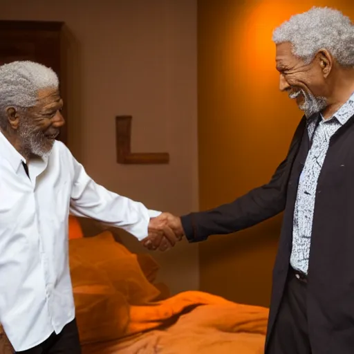 Image similar to photograph of Gordon Freeman shaking hands with Morgan Freeman in a dimly lit bedroom, 8k, highly intricate, highly detailed,