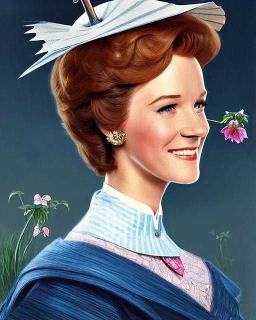 Image similar to Julie Andrews Mary Poppins from Disney 1964 smiling and looking to the side, D&D, fantasy, intricate, elegant, highly detailed, digital painting, artstation, concept art, matte, sharp focus, illustration, hearthstone, art by Artgerm and Greg Rutkowski and Alphonse Mucha