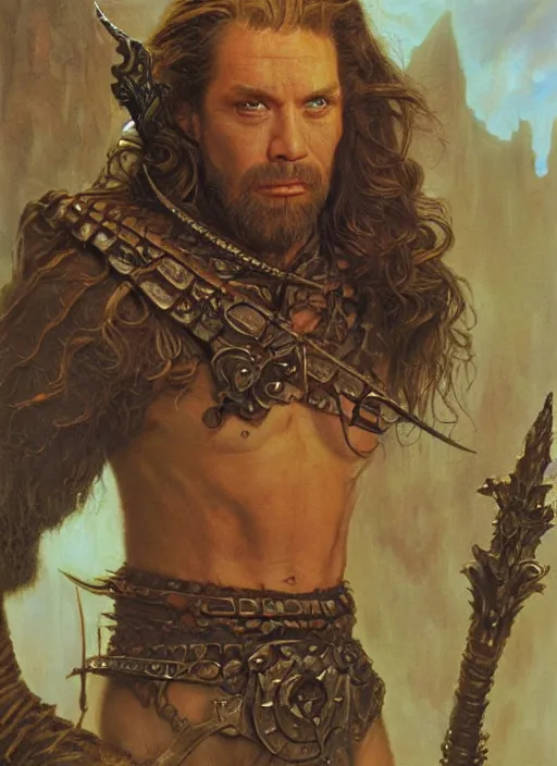 Image similar to a hyperrealistic and detailed paintbrush portrait of a male fantasy character, art by donato giancola and bayard wu and gustav moreau and wayne barlowe, rpg portrait, conan, krull, 8 0's fantasy movies