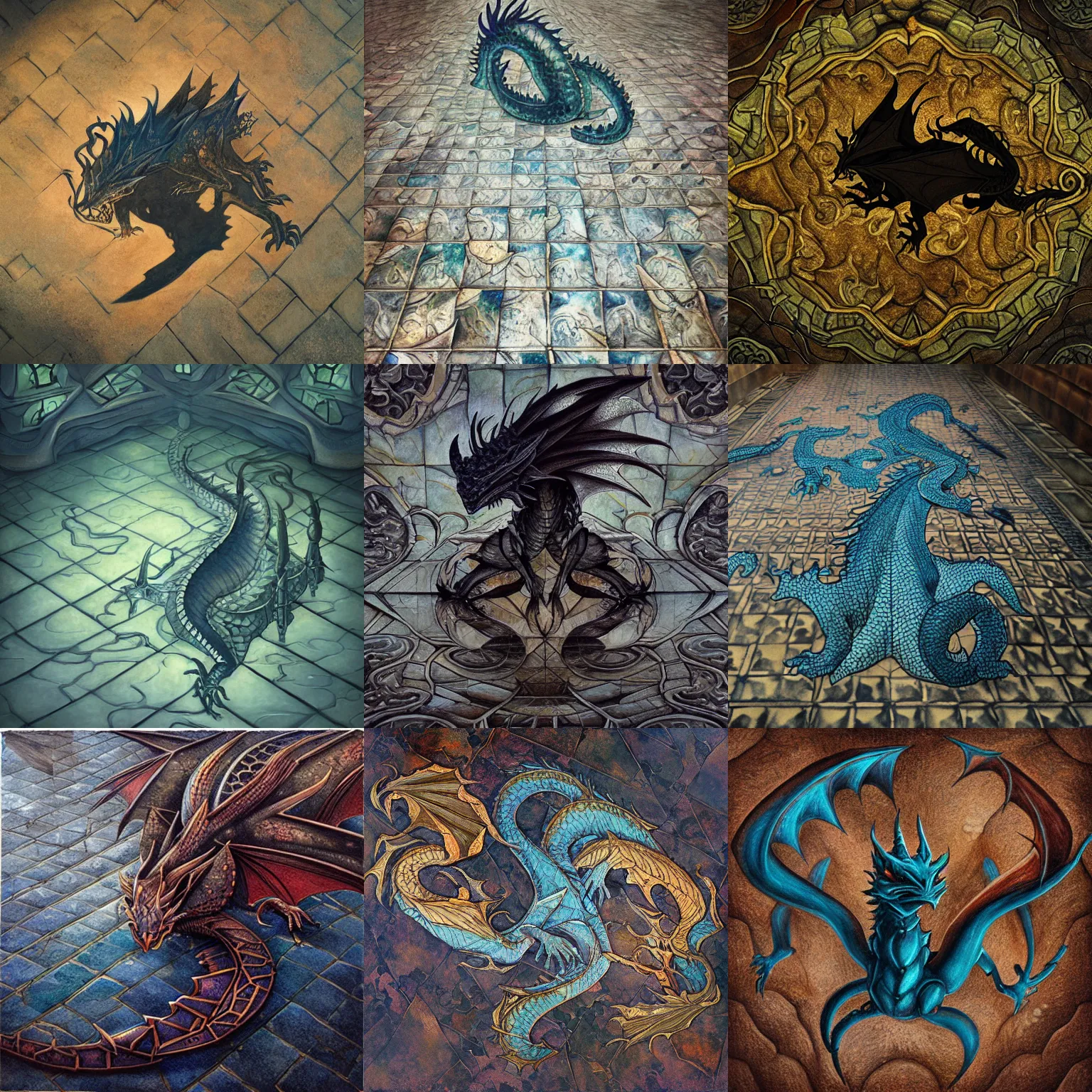 Prompt: A dragon shaped shadow on a detailed tile floor, art by Anato Finnstark
