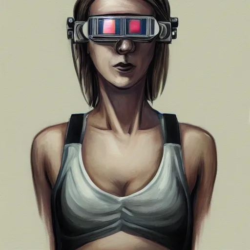 Image similar to painting of square - jawed emotionless serious blonde woman starship engineer, tribal tattoos, handsome, short slicked - back hair, sweating, uncomfortable and anxious, looking distracted and awkward, wearing victorian dark goggles, white tank top, cargo pants, and gloves, small spacecraft in background, highly detailed, mike mignogna, trending on artstation