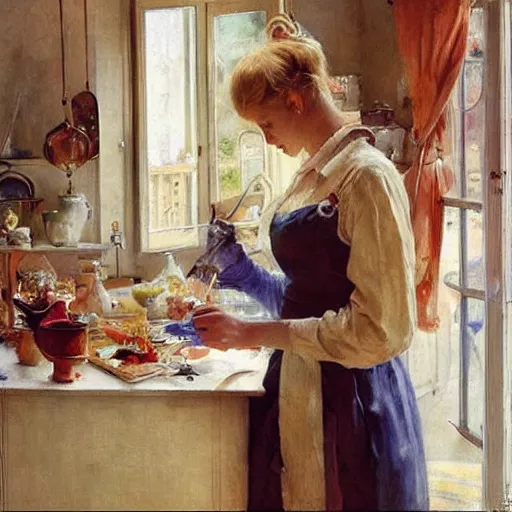 Image similar to beautiful blonde woman, making breakfast, morning, painting volegov carl larsson