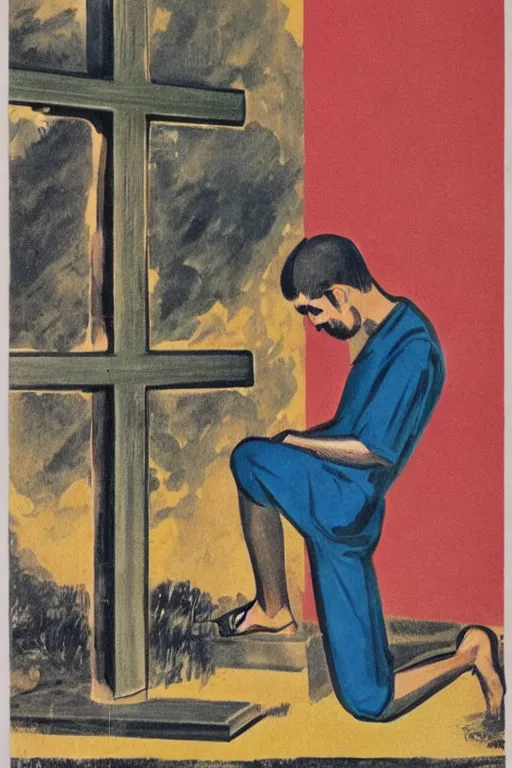 Image similar to man kneeling at the base of a wooden cross, 1960’s advertising art illustration