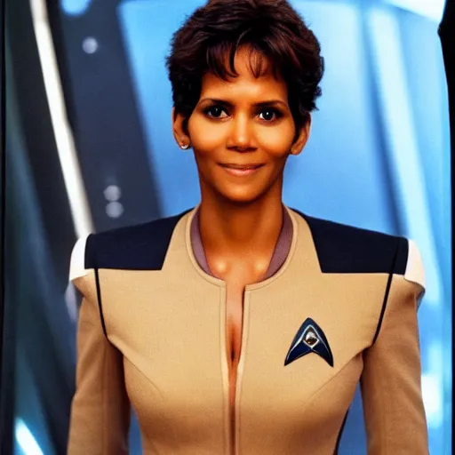 Image similar to a beautiful full body photograph of halle berry as a star fleet admiral from star trek next generation, full dress uniform, symmetrical face, extreme realism and detail, 8 k, completely framed, direct lighting, 3 5 mm photo, photorealistic, sharp focus