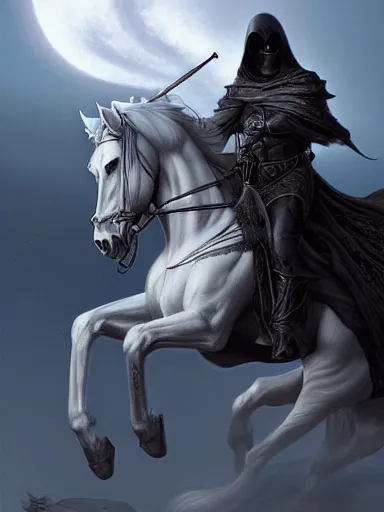Prompt: the grim reaper, riding a white horse. the sun starting to rise in the twilight in the background. intricate, elegant, highly detailed, digital painting, artstation, concept art, sharp focus, illustration, by justin gerard and artgerm, 8 k