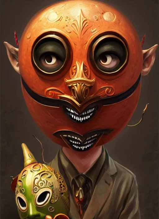 Prompt: happy mask salesman with majora's mask, fantasy, intricate, elegant, highly detailed, digital painting, artstation, concept art, wallpaper, smooth, sharp focus, illustration, art by wlop