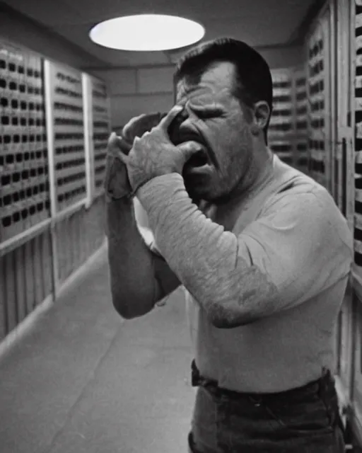 Prompt: gilbert godfrey crying in a server room, realistic, moody grindhouse, dark