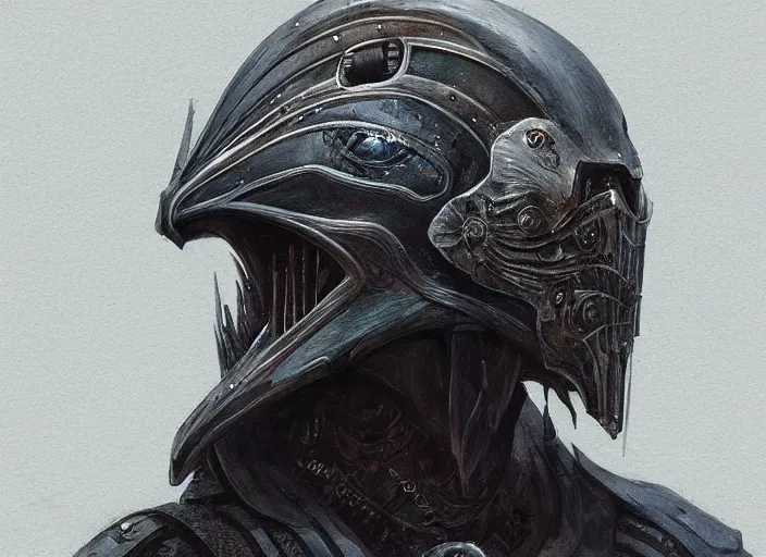 Image similar to portrait of raven themed helmet. concept art contest winner by h. r. giger and greg rutkowski ( 2 0 0 7 ).