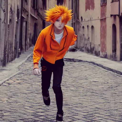 Prompt: orange - haired anime boy, 1 7 - year - old anime boy with wild spiky hair, wearing red jacket, running through italian town, yellow sunshine, sepia sun, ultra - realistic, sharp details, subsurface scattering, intricate details, hd anime, 2 0 1 9 anime