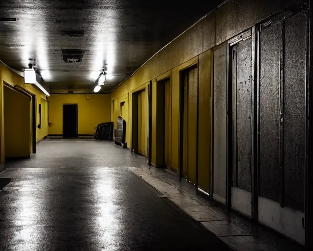 Image similar to an empty partially dark liminal space hallway that looks like the backrooms, photograph, horror, yellow lighting