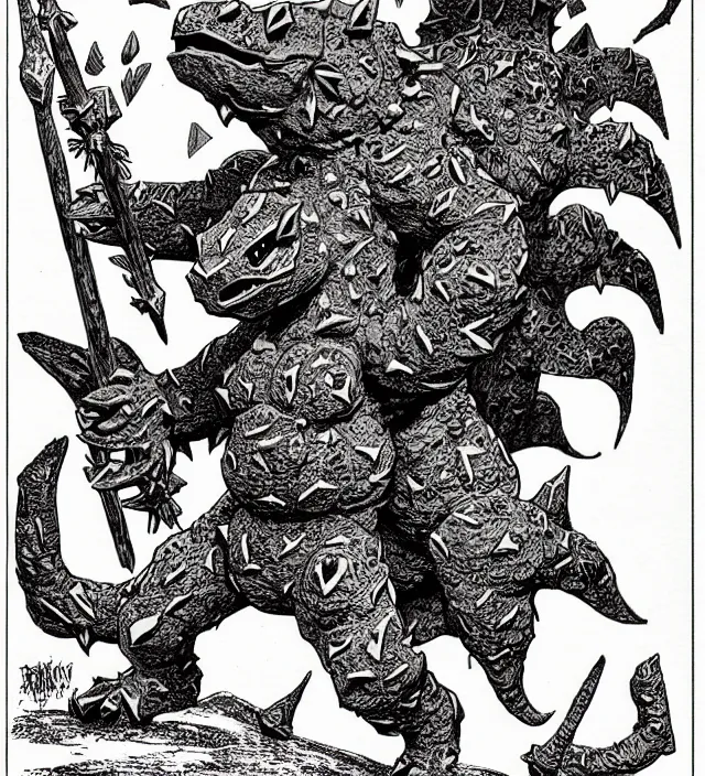 Prompt: ivysaur as a d & d monster, full body, pen - and - ink illustration, etching, by russ nicholson, david a trampier, larry elmore, 1 9 8 1, hq scan, intricate details, stylized border