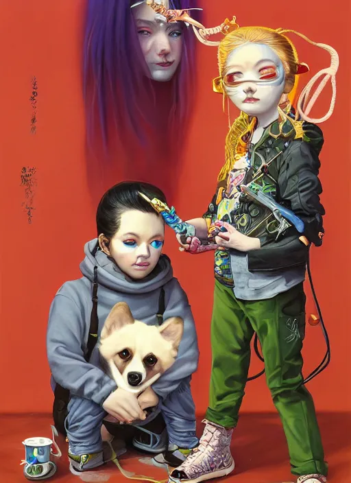 Prompt: beautiful portrait painting of a cute metaverse lofi cyberpunk princess and her corgi assassin king, by Afarin Sajedi, Alessandro Barbucci, Alex Gross, Shin Jeongho, Shohei Otomo. trending on Artstation, 8k, masterpiece, face enhance, graffiti paint, fine detail, full of color, intricate detail, golden ratio illustration