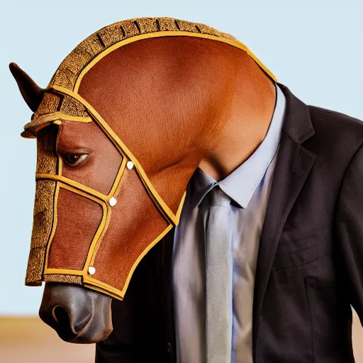 Image similar to man wearing horse head mask on shoulder of man