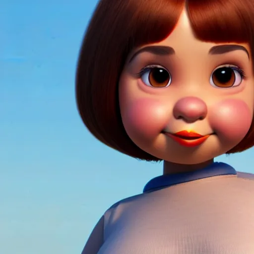 Image similar to A portrait of a plump woman, a cute 3d cgi toon woman with brown hair in a Bob, brown eyes, full face, olive skin, romanian heritage, medium shot, mid-shot, hyperdetailed, 8k, trending on artstation, as a Pixar character