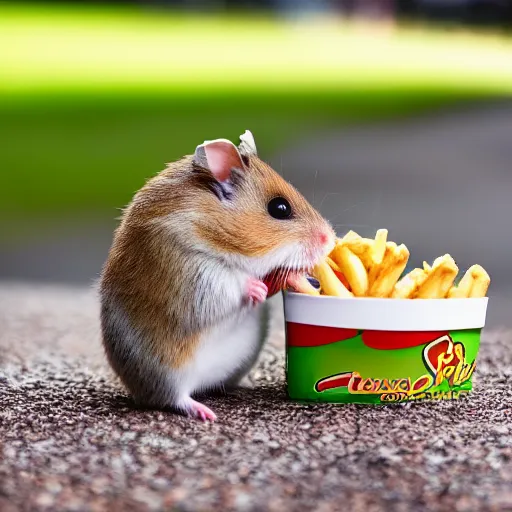 Prompt: detailed photo of a hamster eating fries, outdoors, various poses, full body, unedited, daylight, dof 8 k