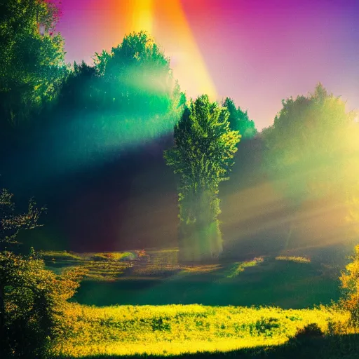 Prompt: landscape in france, lots of sparkling details and sun ray ’ s, blinding backlight, smoke, volumetric lighting, colorful, octane, 3 5 mm, epic colored reflections, very colorful heavenly, softlight