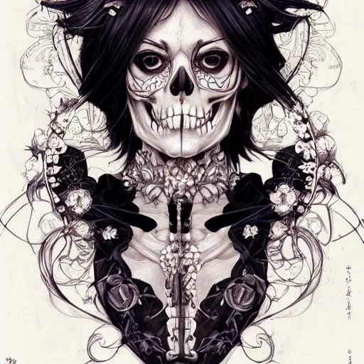 Image similar to anime manga skull portrait young beautiful Marie Avgeropoulos skeleton, intricate, elegant, highly detailed, digital art, ffffound, art by JC Leyendecker and sachin teng