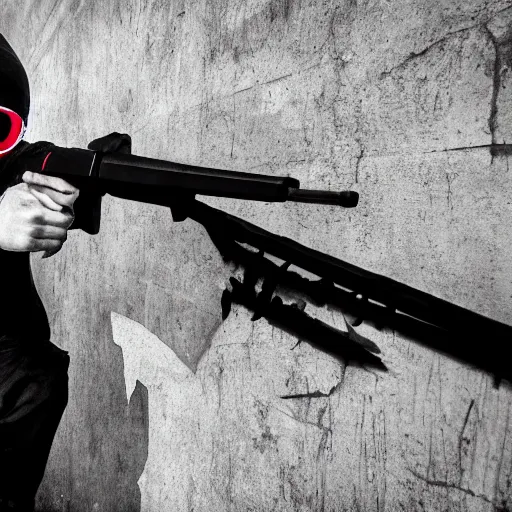 Prompt: ninja with red glasses holding a uzi in concrete brutalisim monochrome world 4 k photorealism
