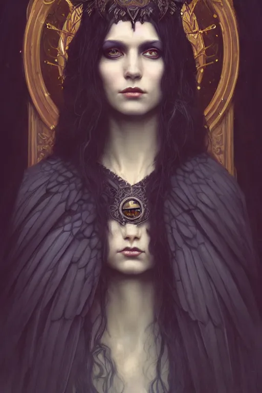 Image similar to a portrait of the Raven Queen, dark magic, illustration, dramatic lighting, soft details, painting oil on canvas, art nouveau, octane render, HDR, 4k, 8k, HD, by Edmund Blair Leighton, Brom, Charlie Bowater, trending on artstation, ,Tom Bagshaw faces by otto Schmidt