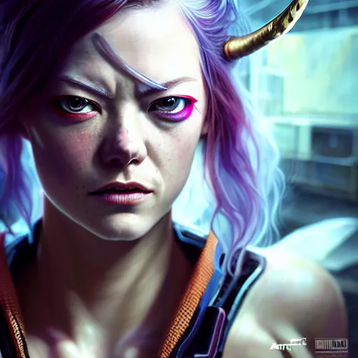 Image similar to portrait painting of a cyberpunk street samurai muscular emma stone with two big broken horns on her head, ultra realistic, concept art, intricate details, eerie, highly detailed, photorealistic, octane render, 8 k, unreal engine. art by artgerm and greg rutkowski and charlie bowater and magali villeneuve and alphonse mucha