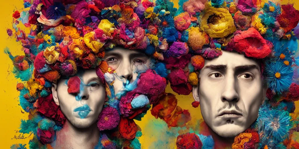 Image similar to an album cover of a man with a strange hat on his head by Alberto Seveso, behance contest winner, award winning, masterpiece, pop surrealism, made of flowers, surrealist-H 1024