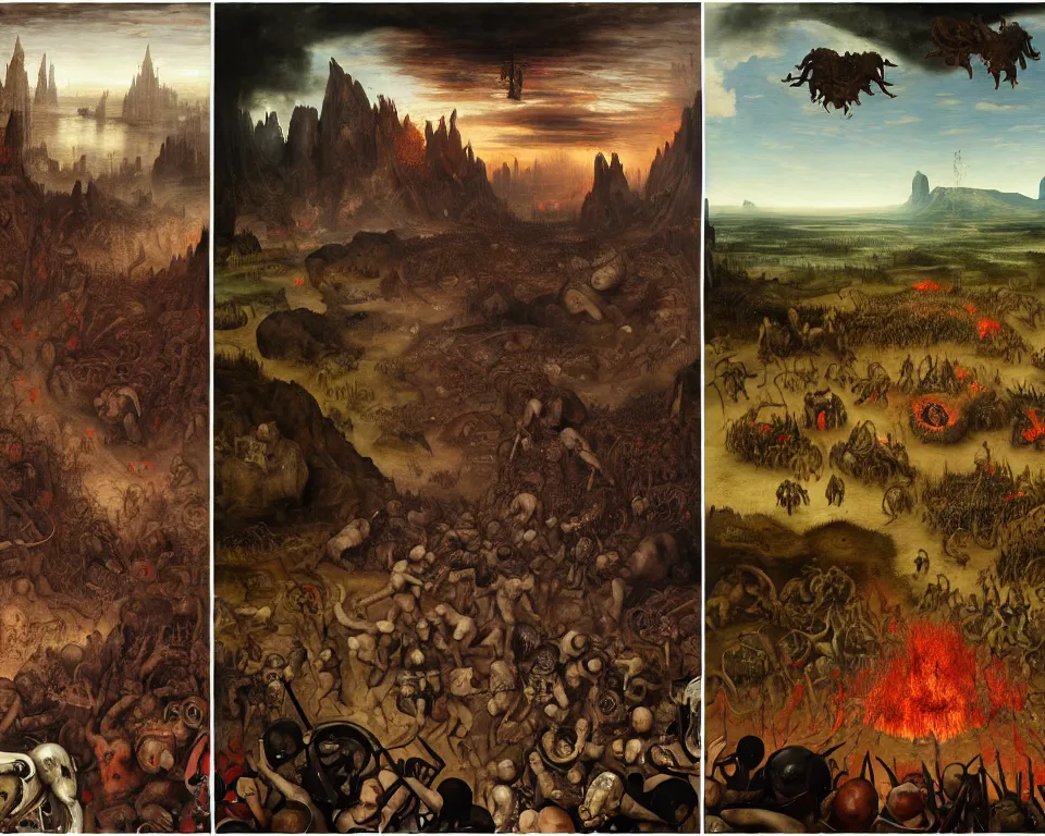 Image similar to doom eternal by jakub rozalski, zoomed garden of eternal delights hell by hieronymus bosh, zoom on triumph of death by pieter brueghel, doom eternal by hieronymus bosh