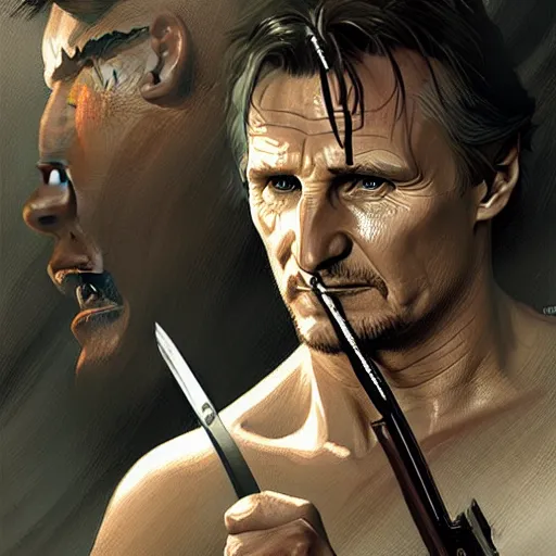 Image similar to liam neeson fighting, battling using crack pipe as weapon, war, against wolves, highly detailed digital painting, artstation, concept art, sharp focus illustration art by artgerm and greg rutkowski and alphonse mucha
