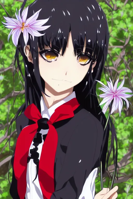 Image similar to Key anime visual of a beautiful girl with black hair and red eyes holding a spider lily; wearing white blouse with black tie; trending on Pixiv; digital art
