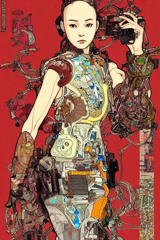 Image similar to beautiful cyborg portrait girl female illustration detailed patterns art of thai traditional dress, pop art, splash painting, art by geof darrow, ashley wood, alphonse mucha, makoto shinkai