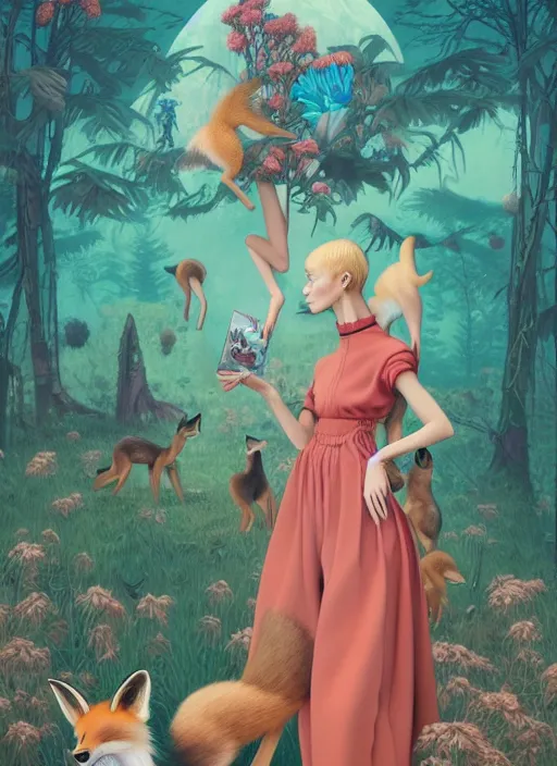 Prompt: pretty model with foxes : : by martine johanna and simon stalenhag and chie yoshii and casey weldon and wlop : : ornate, dynamic, particulate, rich colors, intricate, elegant, highly detailed, vogue, harper's bazaar art, fashion magazine, smooth, sharp focus, 8 k, octane render,