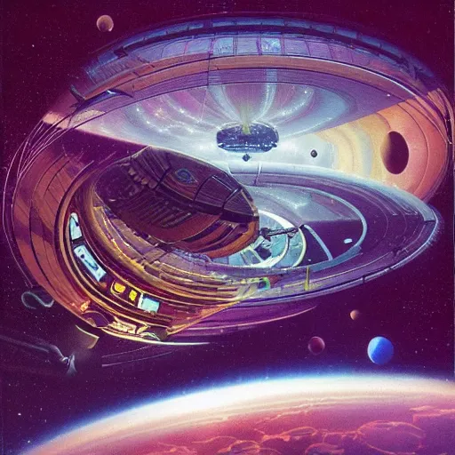 Prompt: a spiral shaped orbital space habitat by moebuis and paul lehr